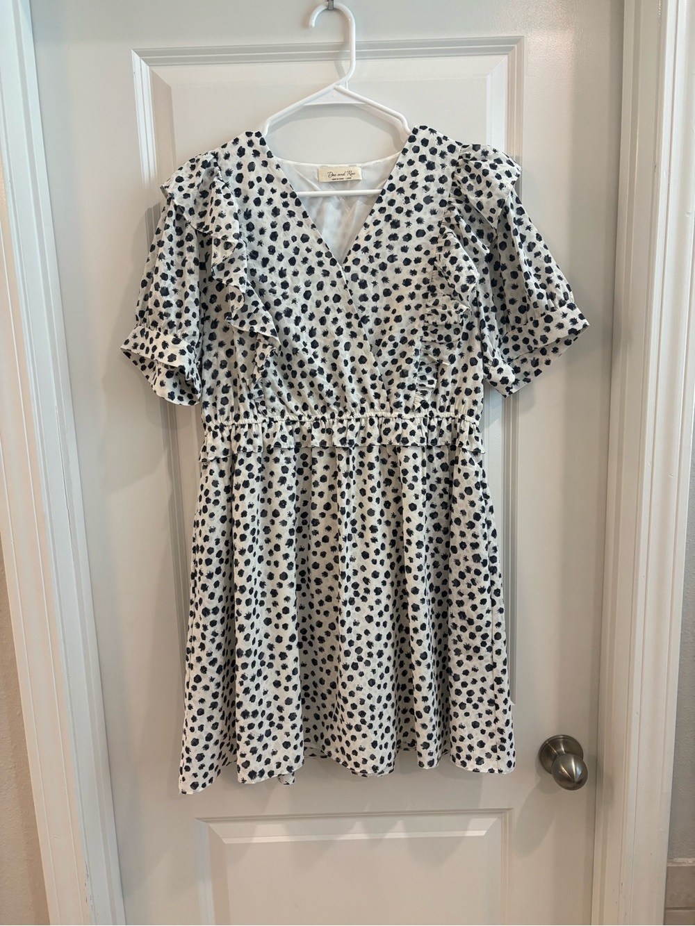 Doe & Rae Blue Spot Cream Mini Dress with Ruffle Trim